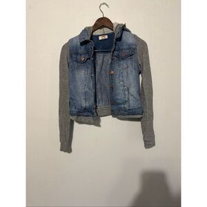 LEI Women's Small Blue Grey Denim Hooded Jacket Coat Buttoned